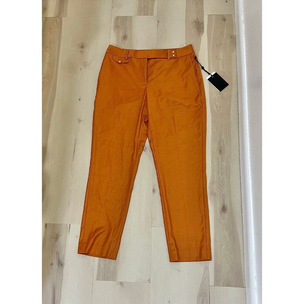 NEW DKNY Women Orange Flat Front Poly Rayon Trouser Pants Minimalist Spring Chic